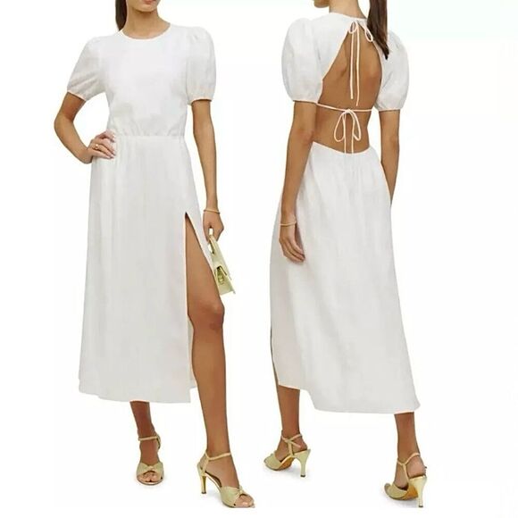 Reformation Linen Midi Dress Open Back Puff Sleeve White Size 12 - Picture 1 of 16